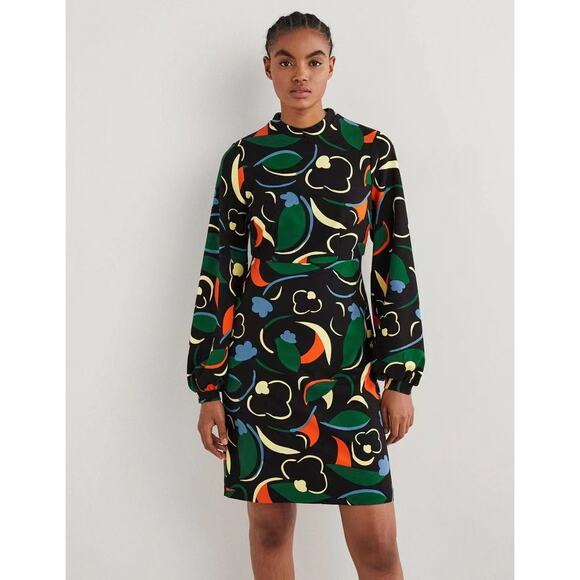 Boden Abstract Print Stand Neck Long Puff Sleeve Dress Knee Length Size 14R - Picture 1 of 10